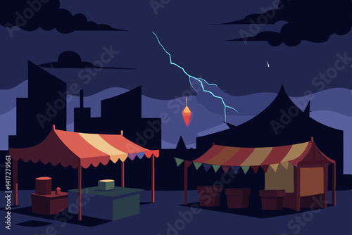 Anime Night Market During Flashing Thunderstorm Concept