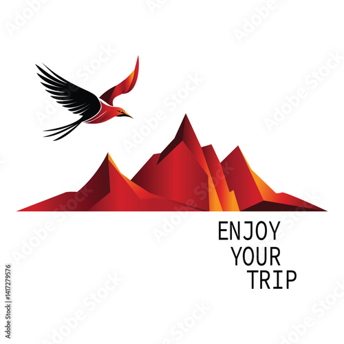 Red bird flying over abstract red mountains with enjoy your trip text perfect for travel inspirations