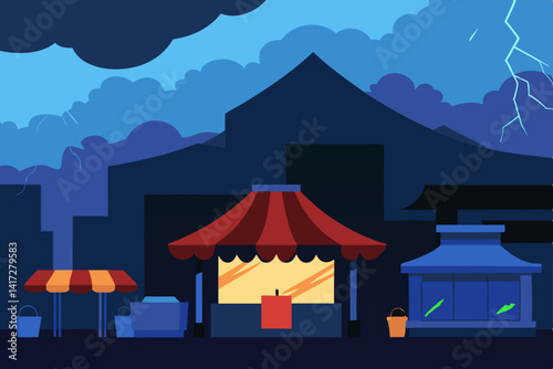 Anime Night Market During Flashing Thunderstorm Visual