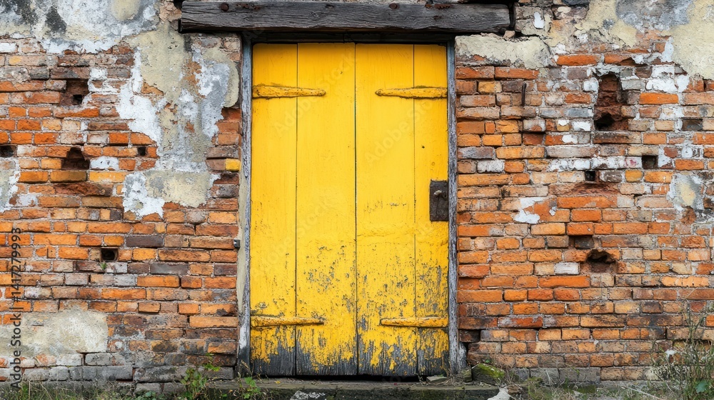 Naklejka premium Aged Yellow Door in a Crumbling Brick Wall