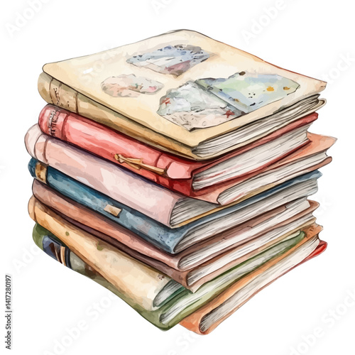 Stack Of Sketchbooks With Pencil Drawings, watercolor vector, isolated on a white background.