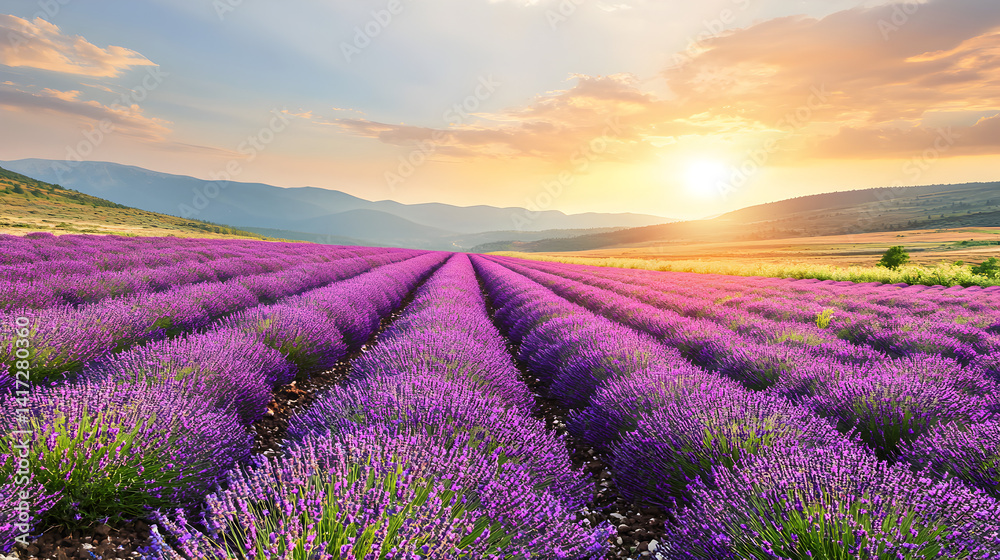 Obraz premium field of lavender and green grass stretching toward a golden sunrise in the distance 