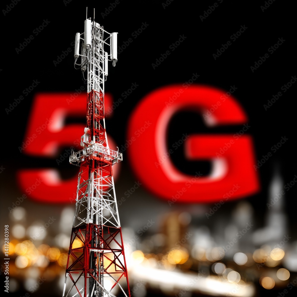 5G Cellular Tower Ascending over Cityscape: Technology, Innovation, and Connectivity in the Modern Digital Age