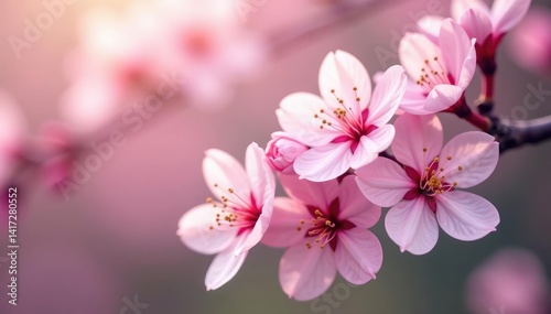 Delicate pink sakura blossoms, full bloom, soft petals , design, wallpaper, illustration