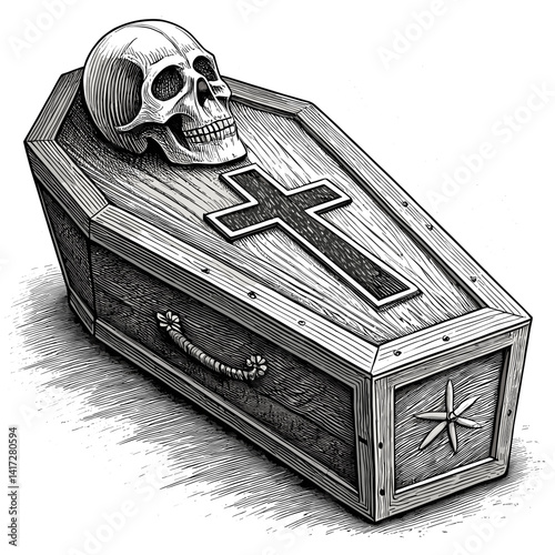 Vintage coffin with skull and cross flat sketch