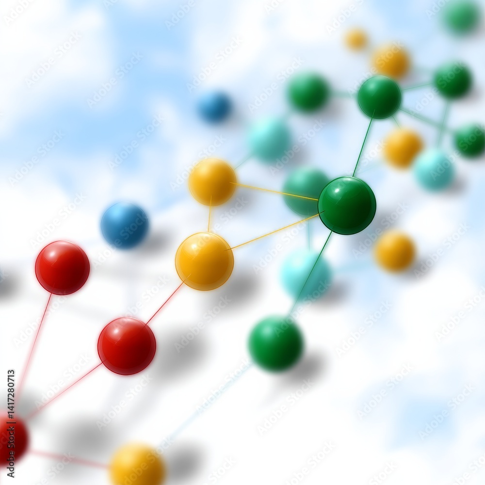 Abstract Network of Colorful Spheres on a White Background, Representing Connectivity and Interconnectedness