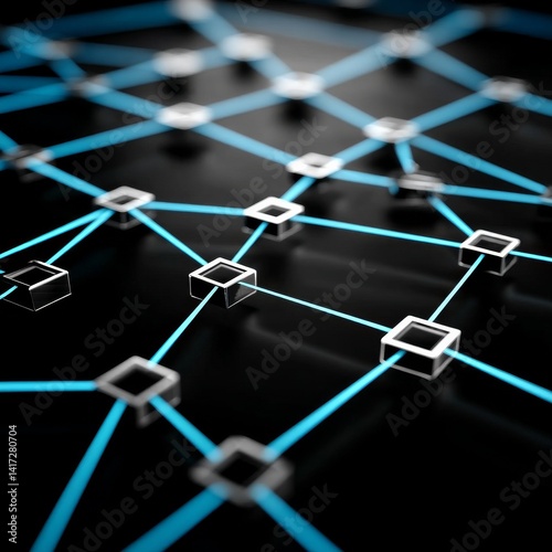 Obraz na płótnie Abstract Network: Interconnected Nodes with Blue Lines on a Dark Background Displaying Connectivity. w salonie
