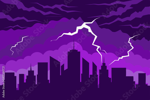 Anime Skyline In A Purple Electric Storm Artwork