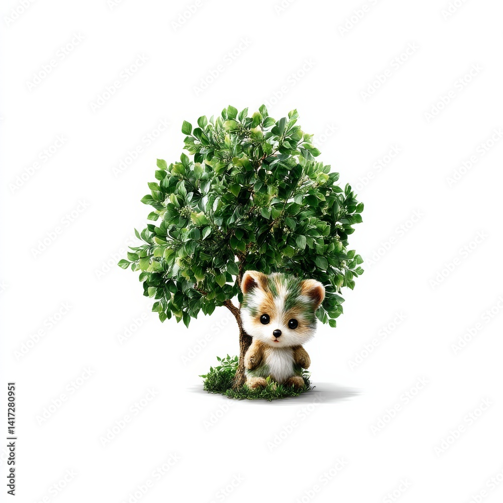 A Furry Friend Under a Tree: A Cute Puppy Relaxing in the Shade of a Lush Tree on a Sunny Day, A Picture of Calm and Serenity