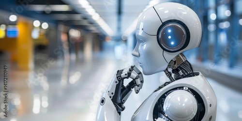 Robot contemplating its existence in a modern indoor setting with advanced technology and sleek design accents