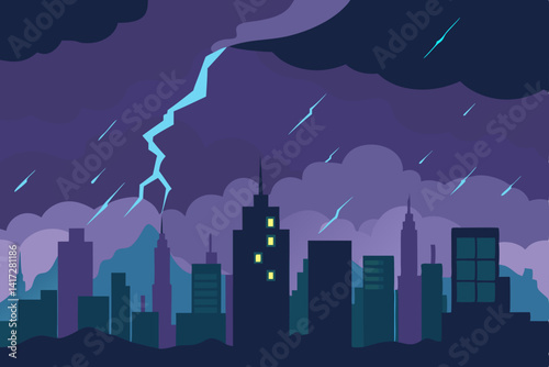 Anime Stormy Night With Lightning Strikes Over The Render