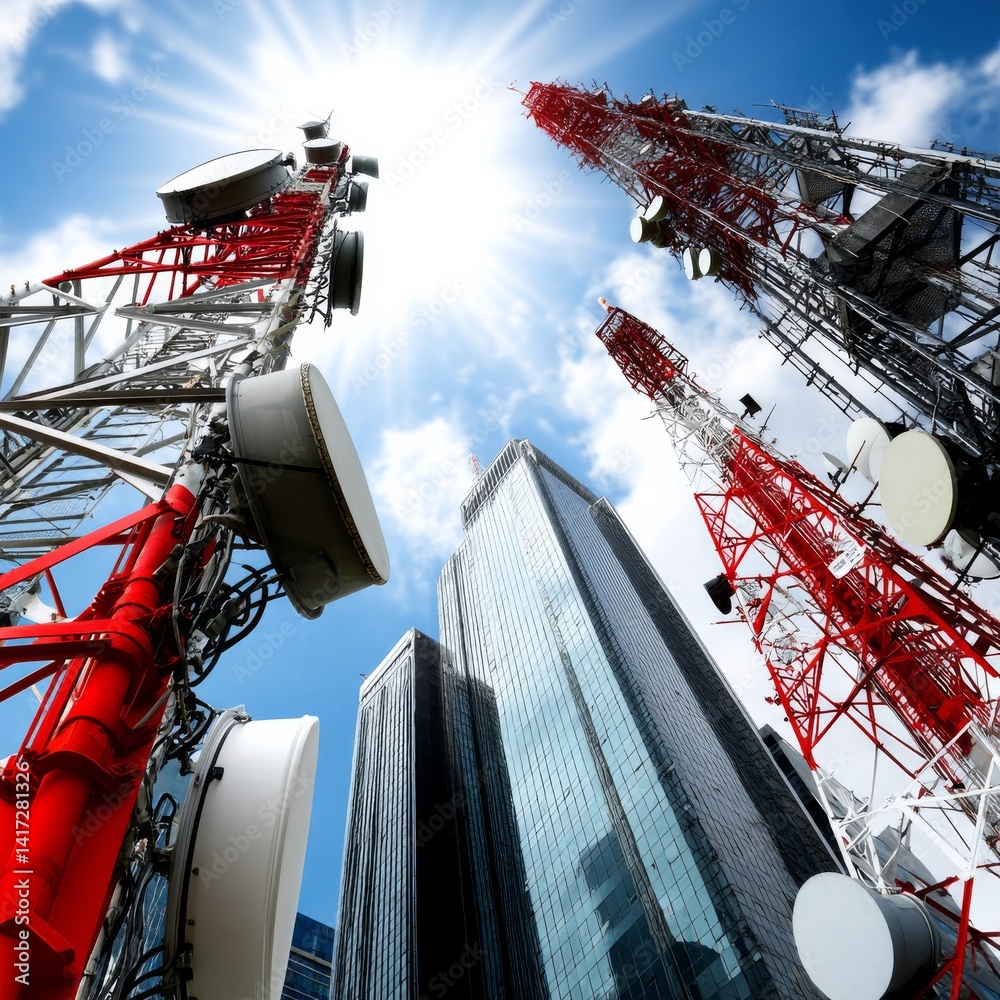 Antennas & Skyscrapers Under Sunny Skies: A Modern Urban Communication Landscape with High-Rise Buildings