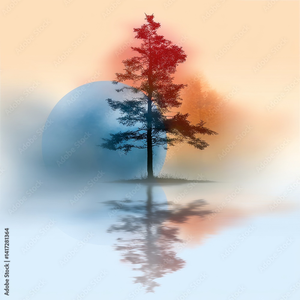 A Solitary Tree Reflects in Still Waters Beneath a Dreamy Sky, Abstract Landscape with Muted Tones and Ethereal Atmosphere