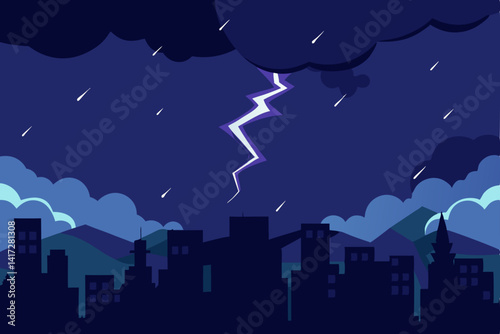Anime Stormy Night With Lightning Strikes Over The Graphic