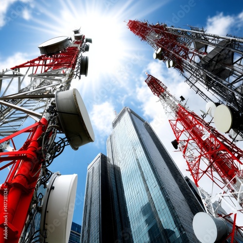 Obraz na płótnie Antennas & Skyscrapers Under Sunny Skies: A Modern Urban Communication Landscape with High-Rise Buildings w salonie