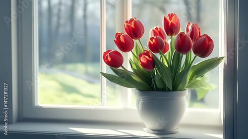 Wallpaper Mural A vase of red tulips near the window sill blurred background Torontodigital.ca