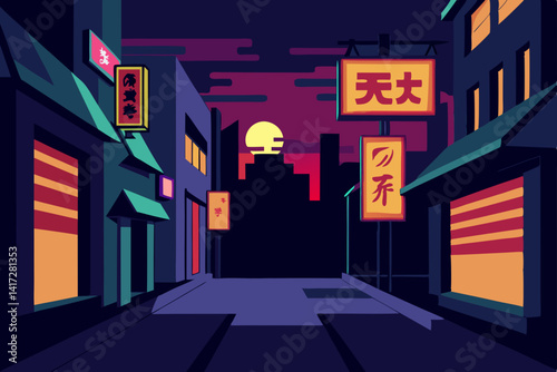 Anime Street Scene With Glowing Signboards Design
