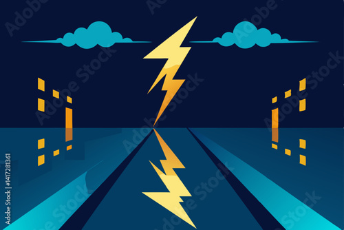 Anime Street Reflections Of Storm Lightning Art