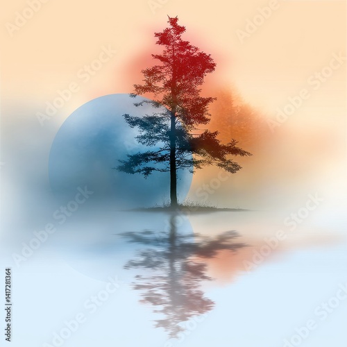 Obraz na płótnie A Solitary Tree Reflects in Still Waters Beneath a Dreamy Sky, Abstract Landscape with Muted Tones and Ethereal Atmosphere w salonie