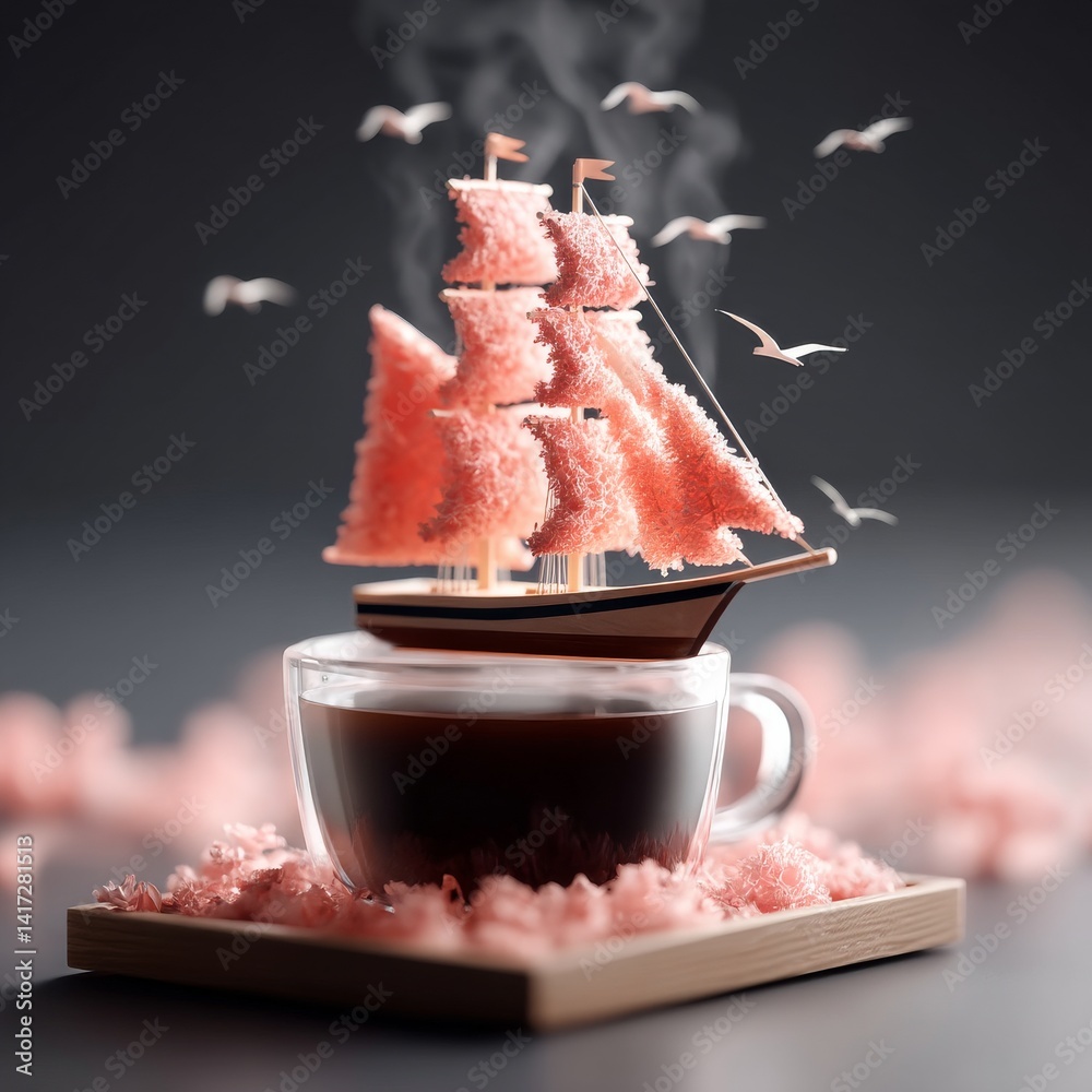A Whimsical Journey: A Miniature Ship Sails Atop a Steaming Cup of Coffee Surrounded By Pink Blooms.