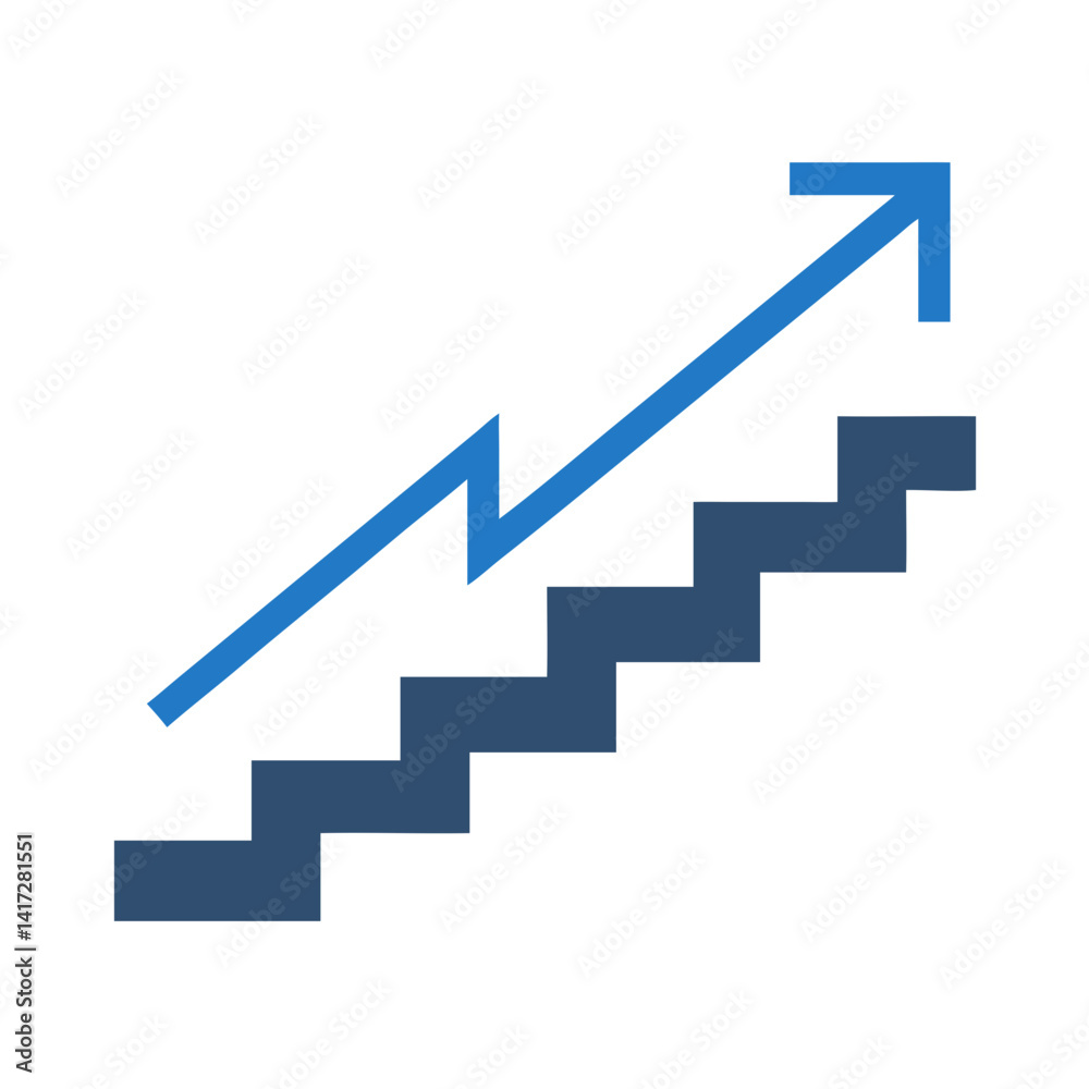Blue arrow climbing stairs towards success on black background Blue arrow climbing stairs towards success on black background
