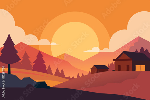 Anime Sunset Over Peaceful Village Image