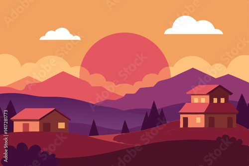 Anime Sunset Over Peaceful Village Design