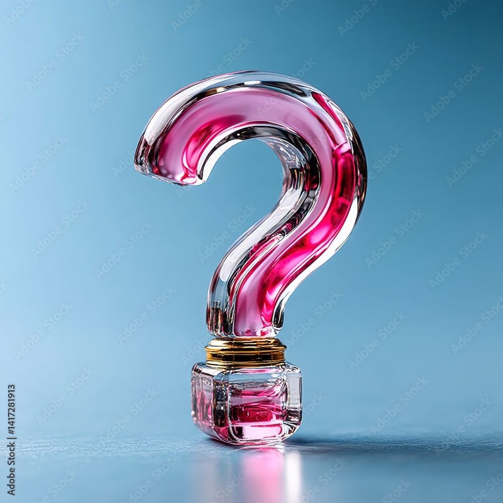 Crystal Clear Question: A Decorative Glass Question Mark with Pink Accents on a Serene Blue Surface
