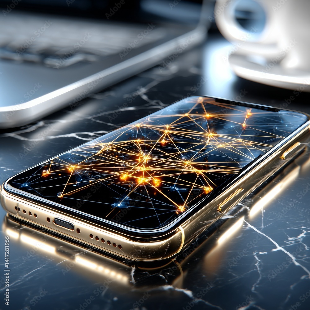 Connected World: Golden Smartphone Displaying Global Network on Marble Surface