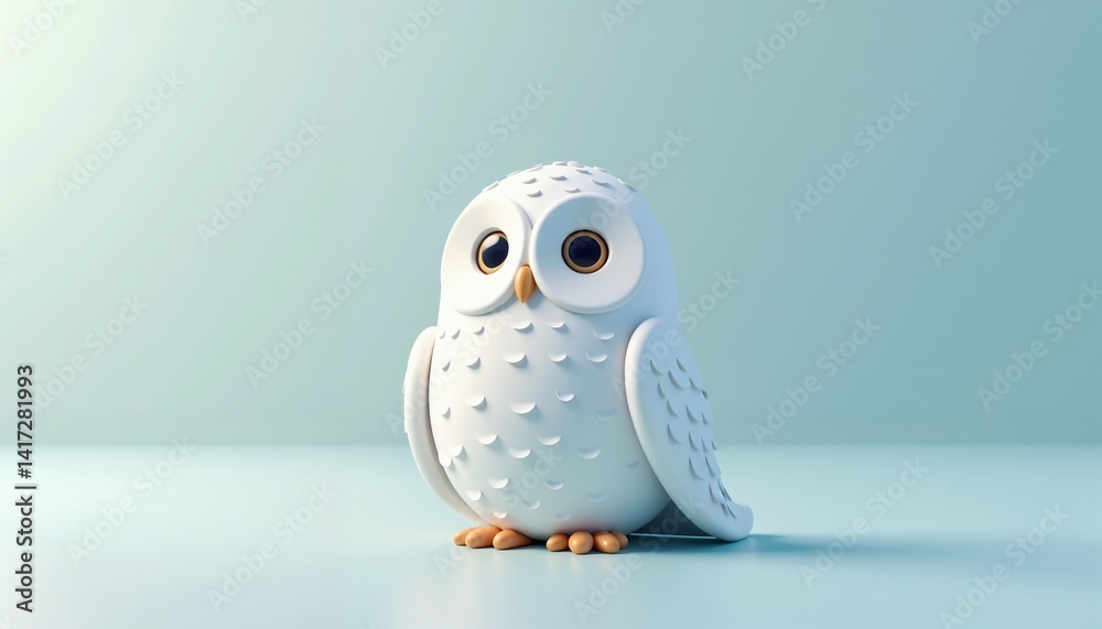 Obraz premium Cute cartoon white owl standing on soft blue background