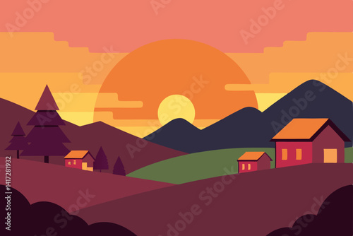 Anime Sunset Over Peaceful Village Element