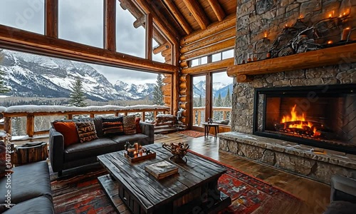 Cozy log cabin interior with stone fireplace, mountain view, and warm ambiance in winter