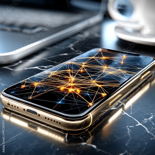 Obraz na płótnie Connected World: Golden Smartphone Displaying Global Network on Marble Surface w salonie