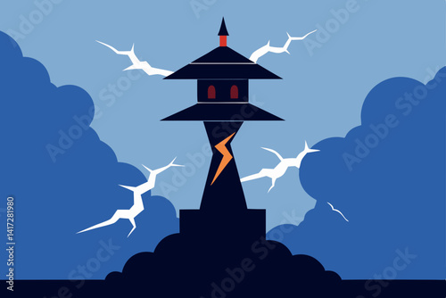 Anime Tower Above The Clouds With Thunder Cracks Angle