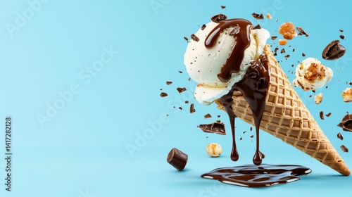 Animated-style ice cream cone with chocolate syrup leaping above a cyan background, space left for slogan