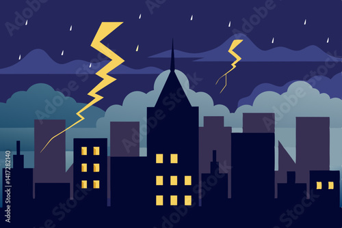 Anime Town Skyline During Thunderstorm With Lightning Picture