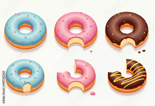 Assorted Bitten Donuts with Colorful Frosting on White