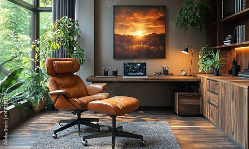 Cozy modern workspace with a leather chair, desk, and vibrant sunset artwork in a serene setting