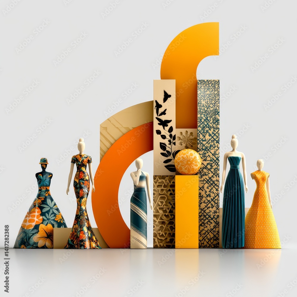 Fashionable Arrangement: An Artful Display of Dresses, Shapes, and Patterns in a Modern Abstract Composition