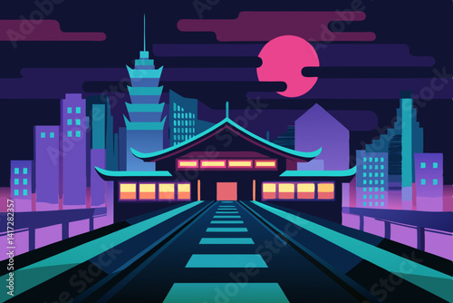 Anime Train Station In Glowing City Mode