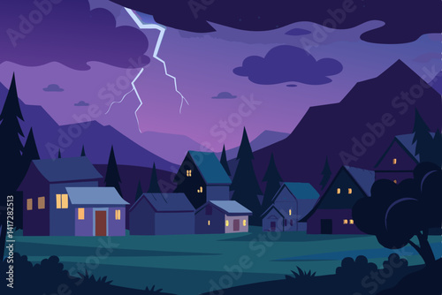 Anime Village At Dusk With Electric Storm Looming Render