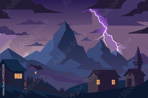 Anime Village At Dusk With Electric Storm Looming Visual