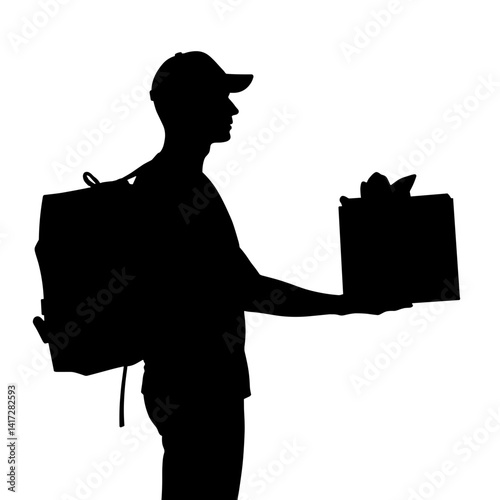 Courier delivering gift with excitement, silhouette concept
