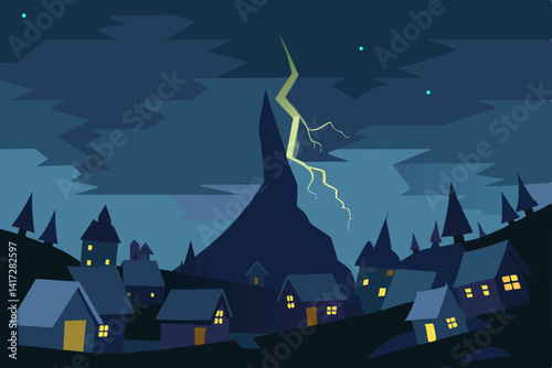 Anime Village Lit By Single Lightning Bolt Graphic