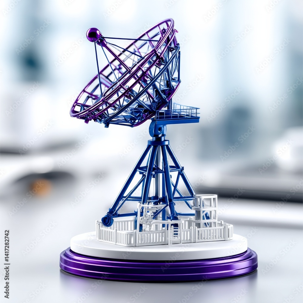 Futuristic Blue and Purple Satellite Dish on a White and Purple Base, Modern Display