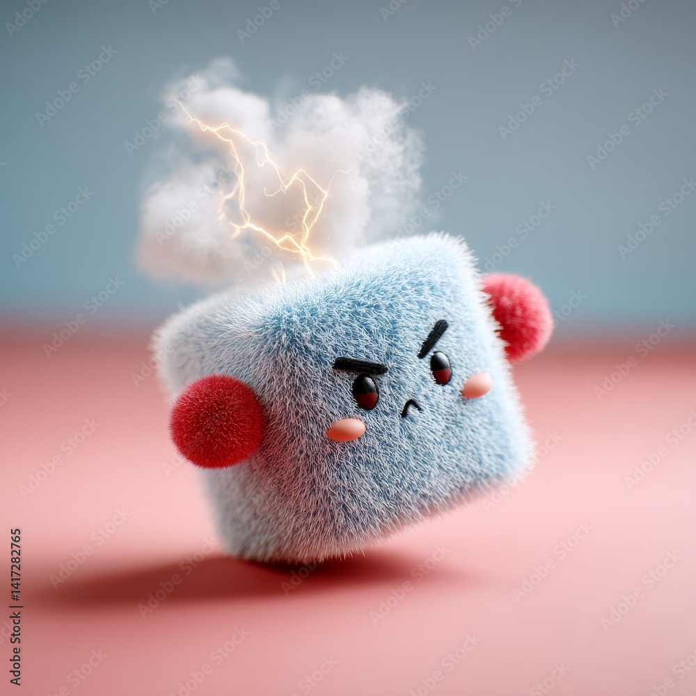 Fuzzy Frenzy: An Angry Blue Cube Mascot Overloads with Electrical Energy on a Gradient Pink and Blue Background
