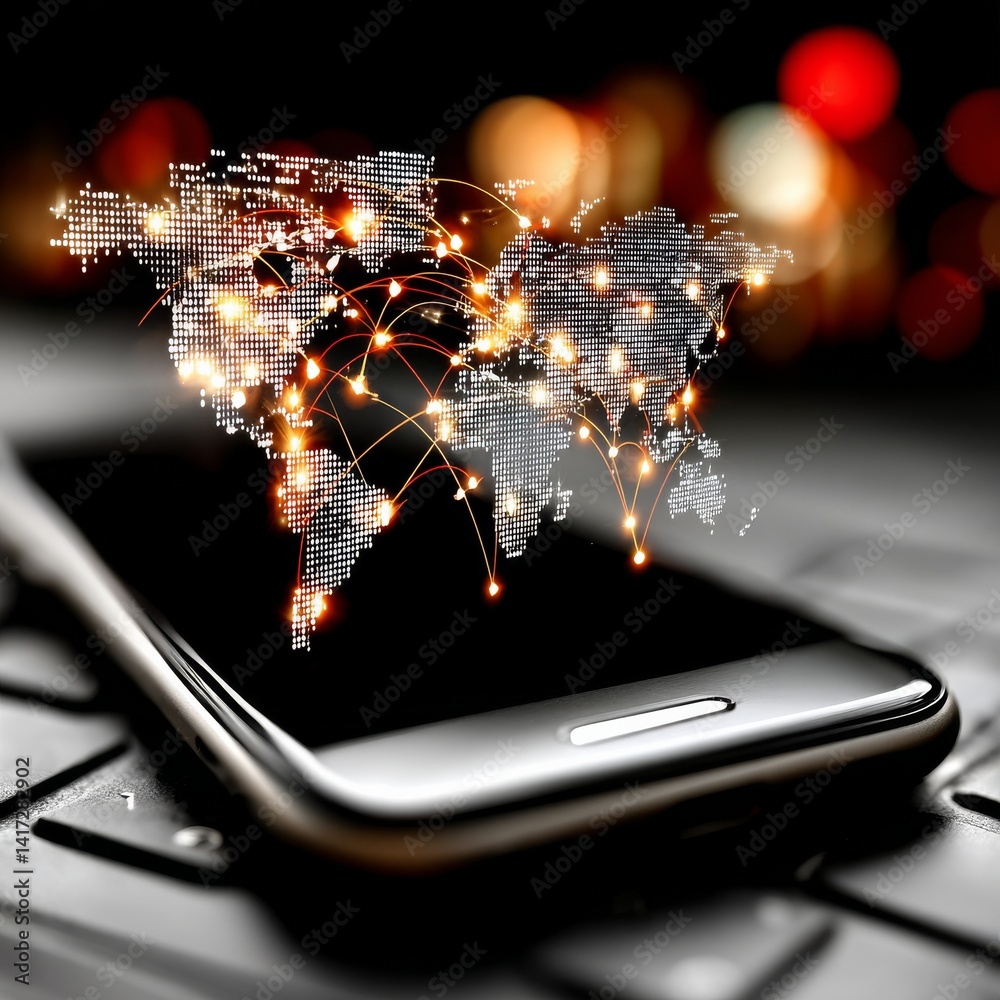 Global Connectivity: A World Map on a Smartphone Display with Glowing Network Connections
