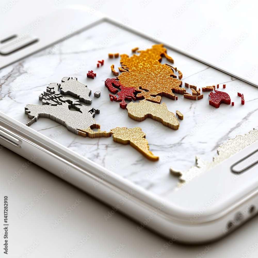 Global Connectivity: A World Map on a Smartphone with Marble Texture Backdrop and Data Points
