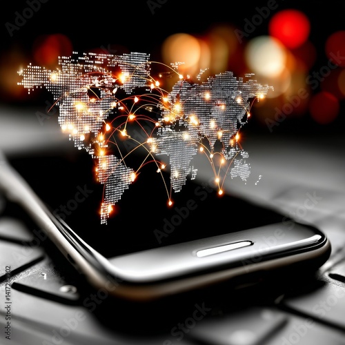 Global Connectivity: A World Map on a Smartphone Display with Glowing Network Connections