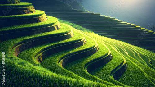 view of terraced rice fields at sunrise, reflecting the soft golden light on the water 